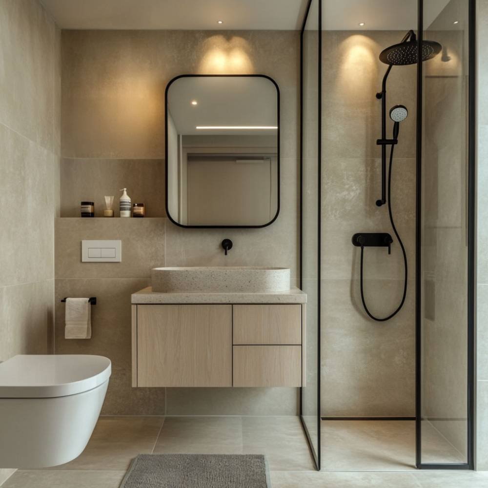 Modern Bathroom Design with Beige Tiles and Vanity Storage