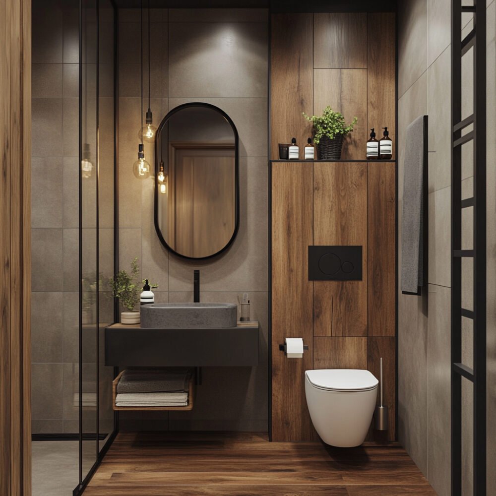 Modern Grey and Wood Bathroom Design with Floating Vanity