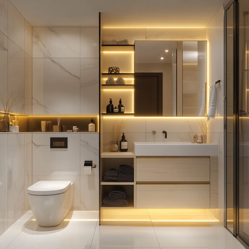 Contemporary White Marble Bathroom Design with LED Mirror