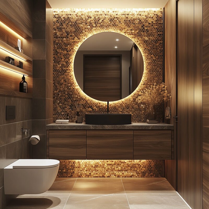 Brown-Tiled Contemporary Bathroom Design with Backlit Mirror and Wood Paneling