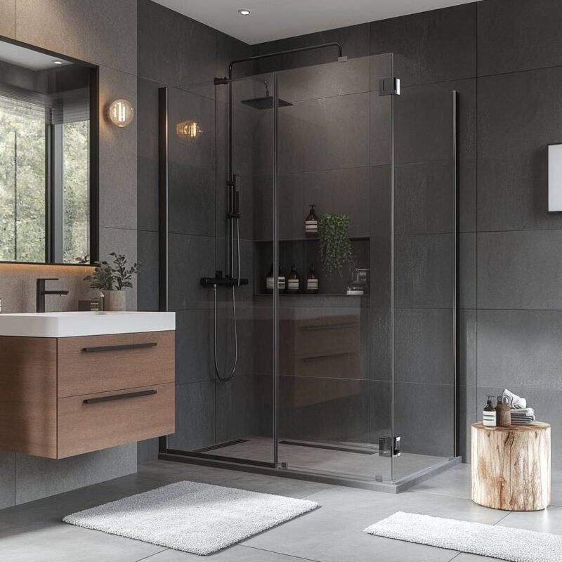 Rustic Bathroom Design with Grey Tiles and Suede Finish Vanity