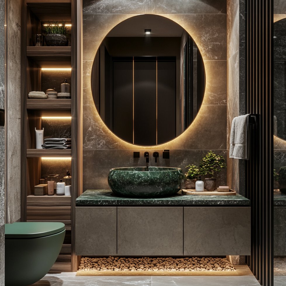 Rustic Bathroom Design with Green Marble Basin and Wooden Shelves