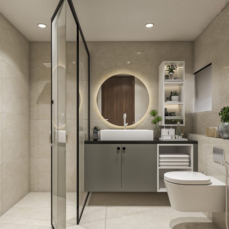 Modern Bathroom Design with LED Mirror and Quartz Countertop