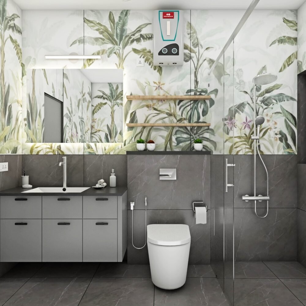 Tropical Grey Bathroom Design with Floating Vanity and LED Mirror