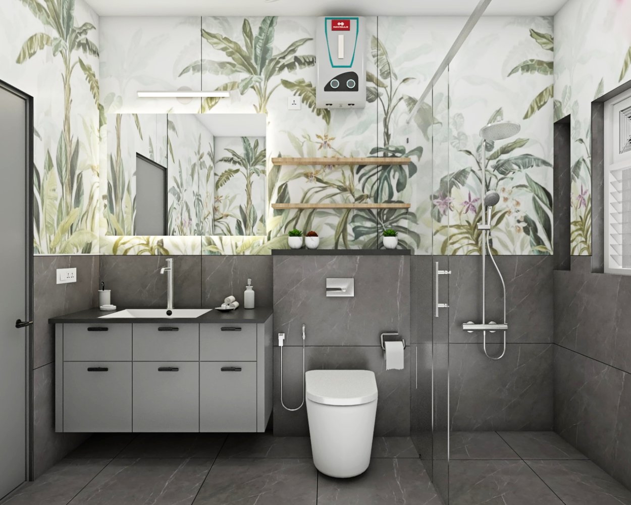 Tropical Grey Bathroom Design with Floating Vanity and LED Mirror