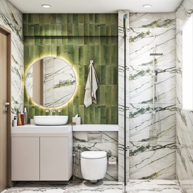 Modern Bathroom Design with Green Tiles, Marble Wall and Vanity