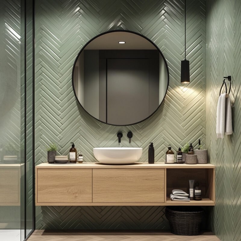 Modern Bathroom Design with Pista Green Tiles and Open Vanity