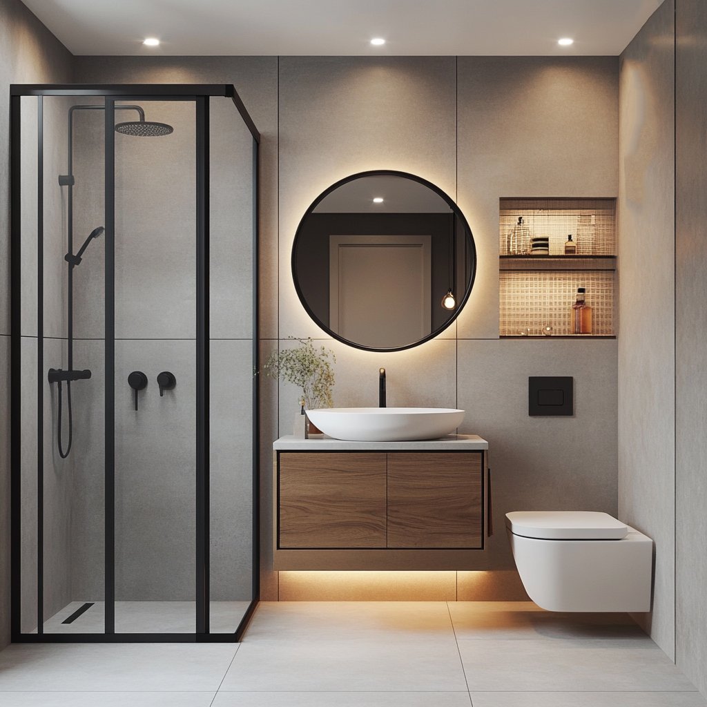Modern Bathroom Design with Light Grey Tiles and Drawer Vanity