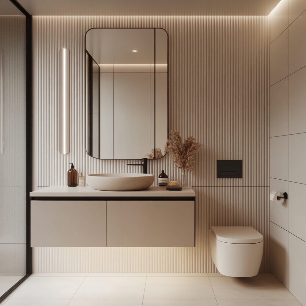 Minimalist Bathroom Design with Cream Tiles and Drawer Vanity