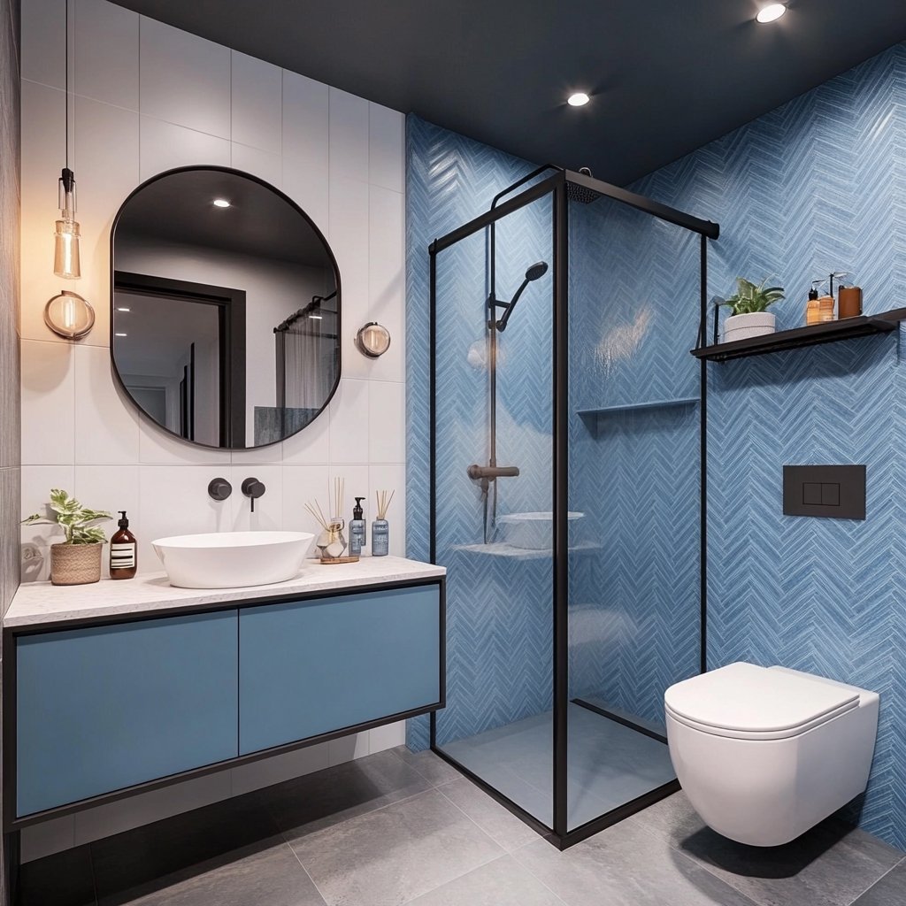 Modern Bathroom Design With Blue Herringbone Tiles and Floating Vanity