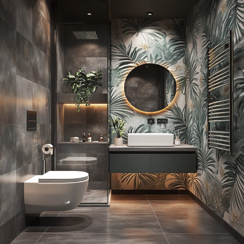 Tropical Bathroom Design With Palm Wallpaper and Warm LED Mirror