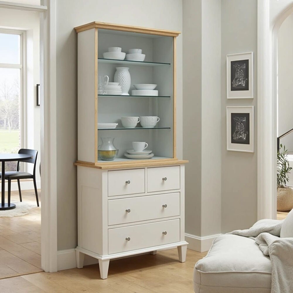 Farmhouse Crockery Unit Design with Drawers and Open Shelves