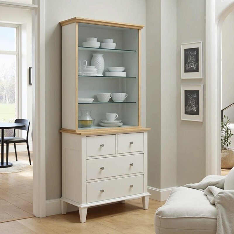 Farmhouse Crockery Unit Design with Drawers and Open Shelves