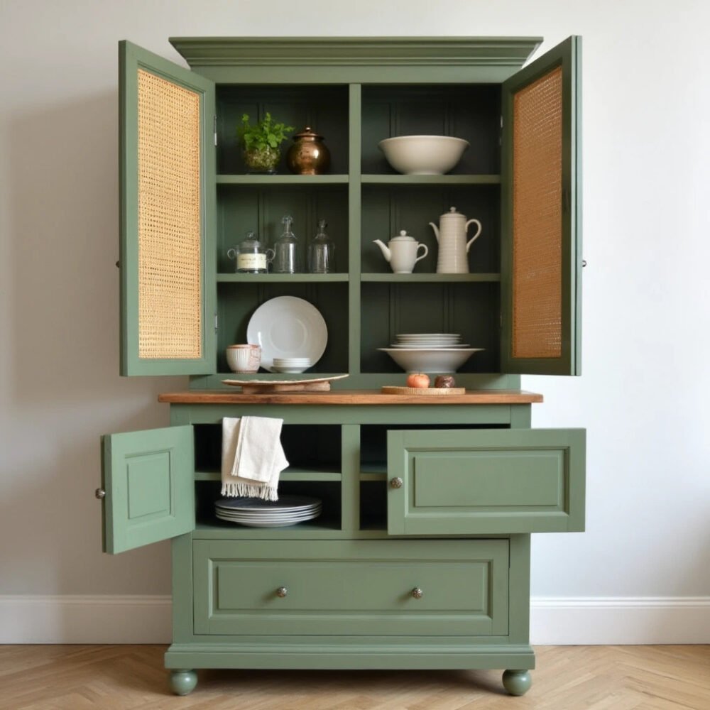 Olive Green Farmhouse Crockery Unit Design with Shutter and Drawer Storage