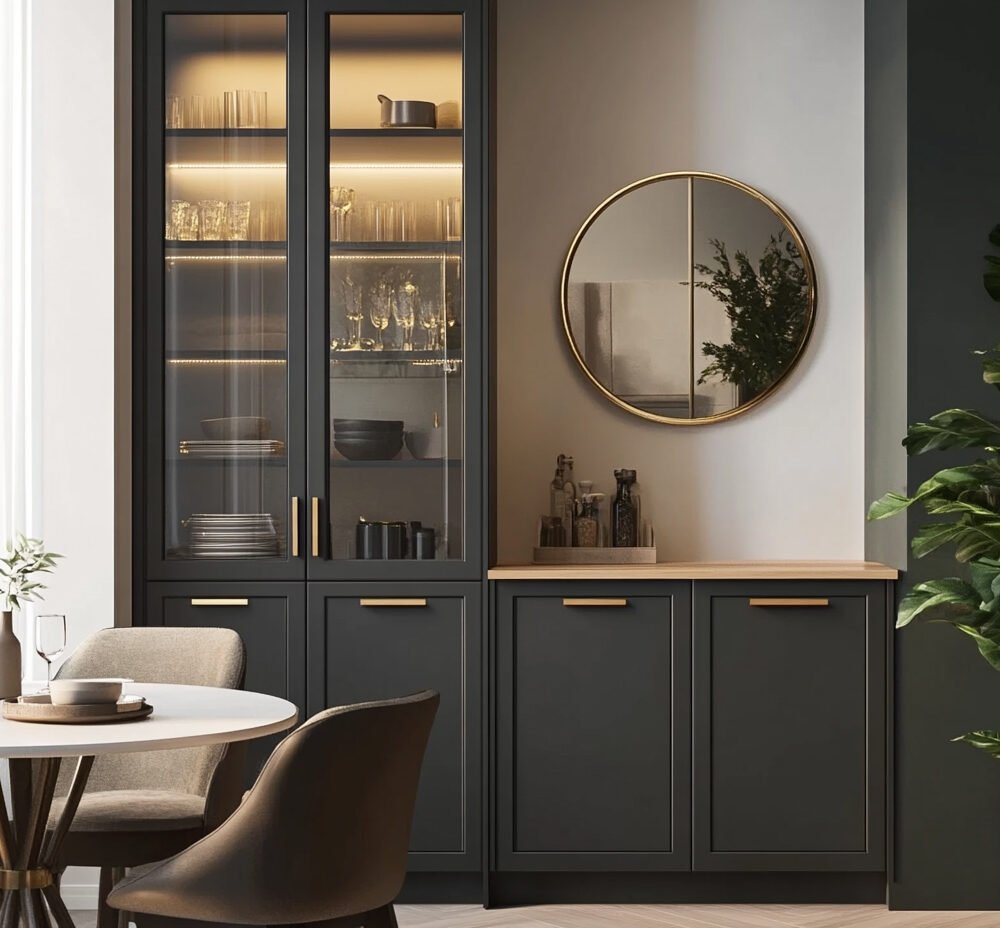 Contemporary Grey Crockery Unit Design with Shutter and Glass Storage