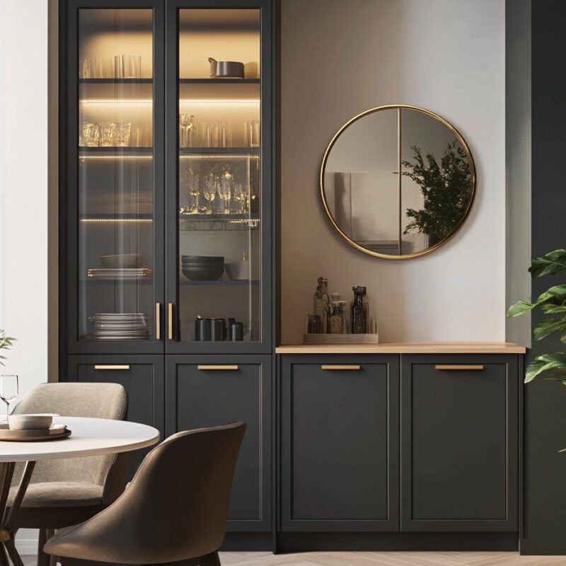 Contemporary Grey Crockery Unit Design with Shutter and Glass Storage