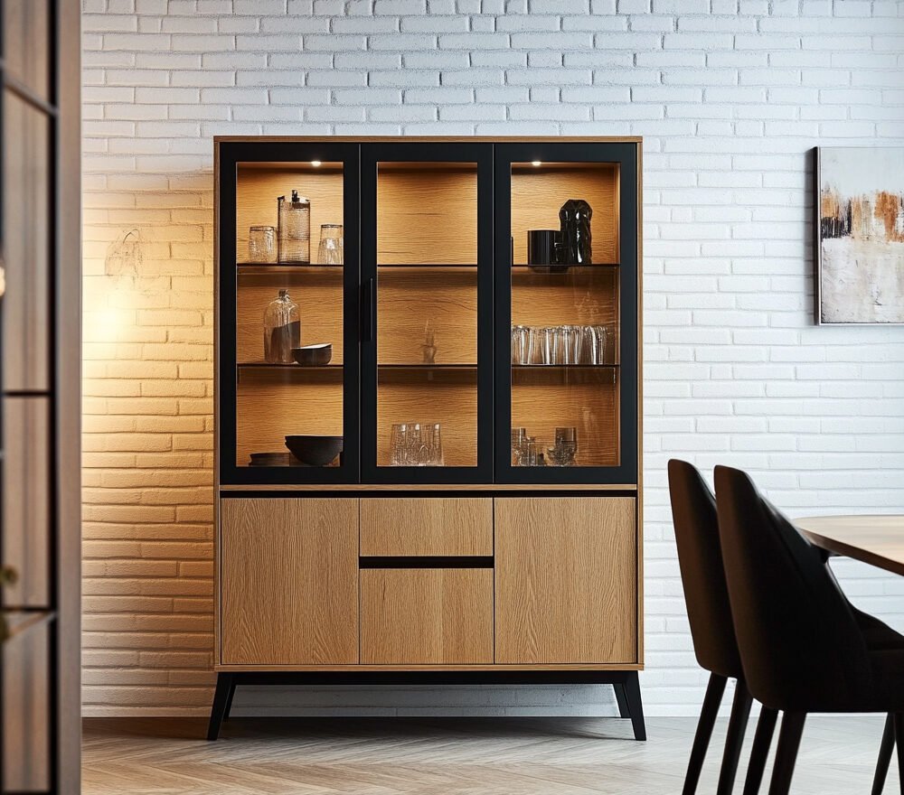 Contemporary Walnut Crockery Unit Design with Glass Shutters and Drawers