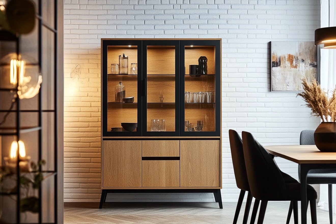 Contemporary Walnut Crockery Unit Design with Glass Shutters and Drawers
