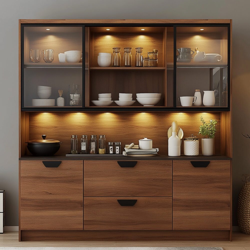 Modern Walnut Crockery Unit Design with Glass Shutters and Open Rack