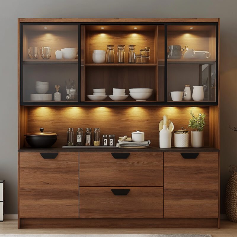 Modern Walnut Crockery Unit Design with Glass Shutters and Open Rack