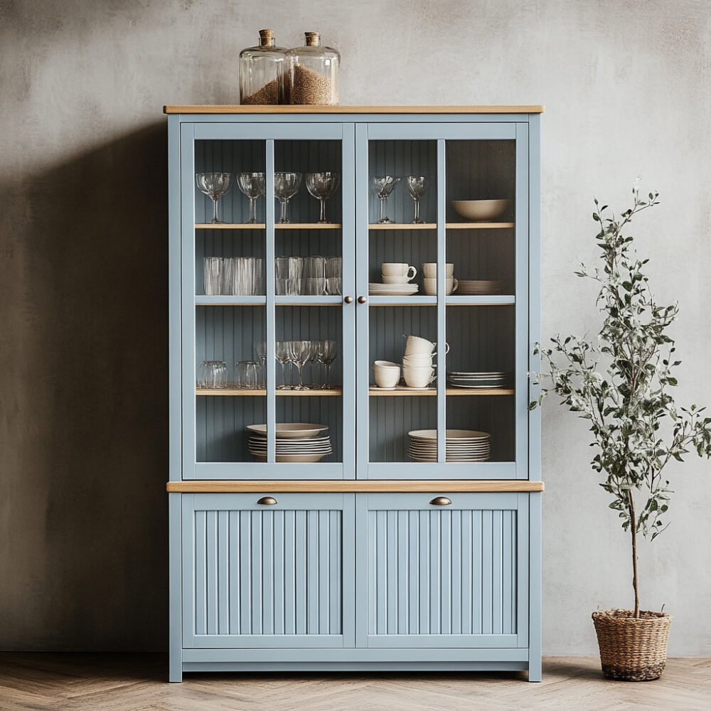 Powder Blue Farmhouse Crockery Unit Design with Glass-Front Display
