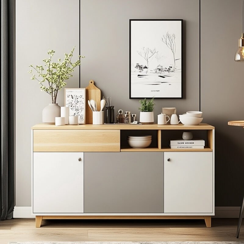 Scandinavian Crockery Unit Design in Oak, Grey and White