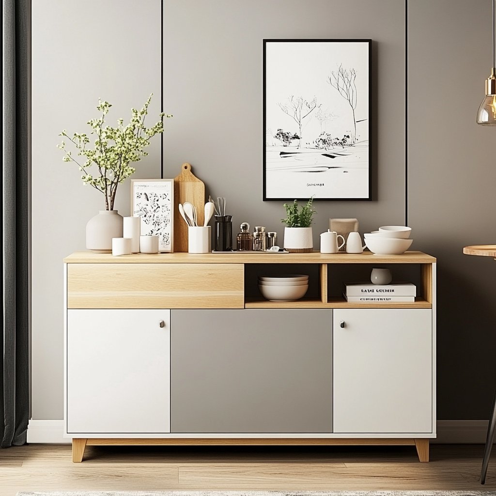Scandinavian Crockery Unit Design in Oak, Grey and White