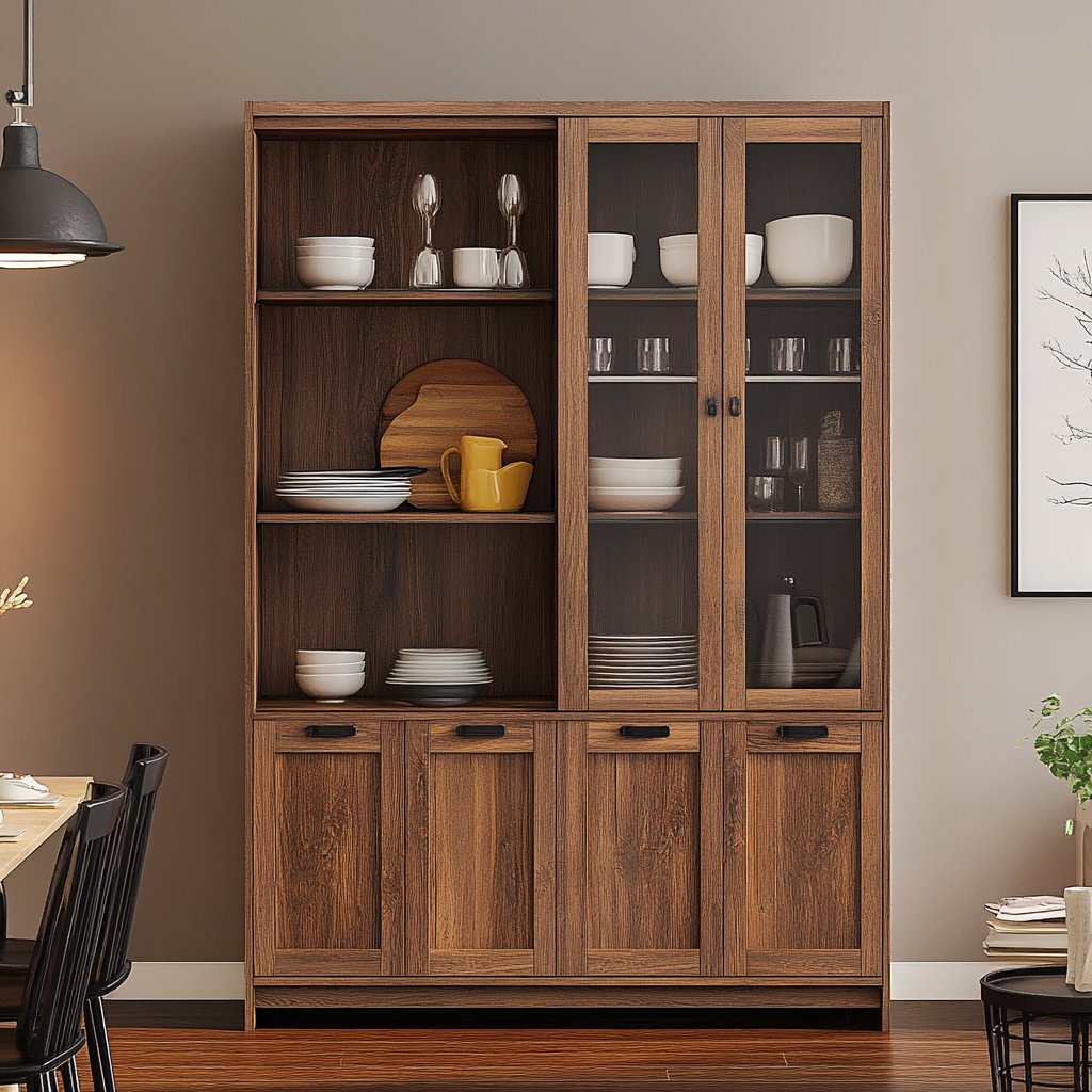 Rustic Walnut Crockery Unit Design with Open and Closed Storage