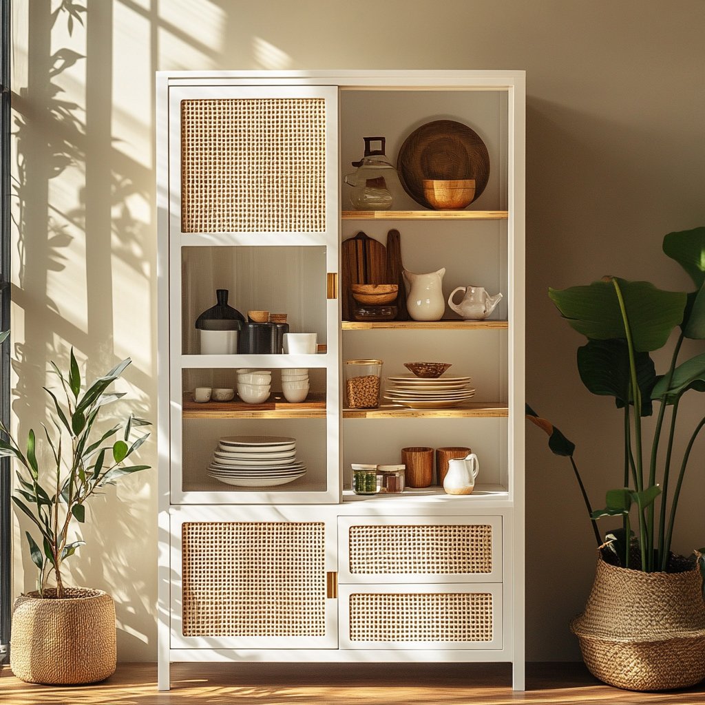 Scandinavian White Crockery Unit Design with Natural Cane Shutters