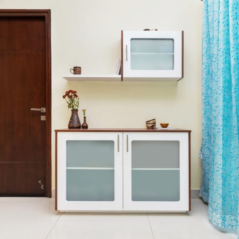 Contemporary Crockery Unit Design in Off White and Amati PD Finish