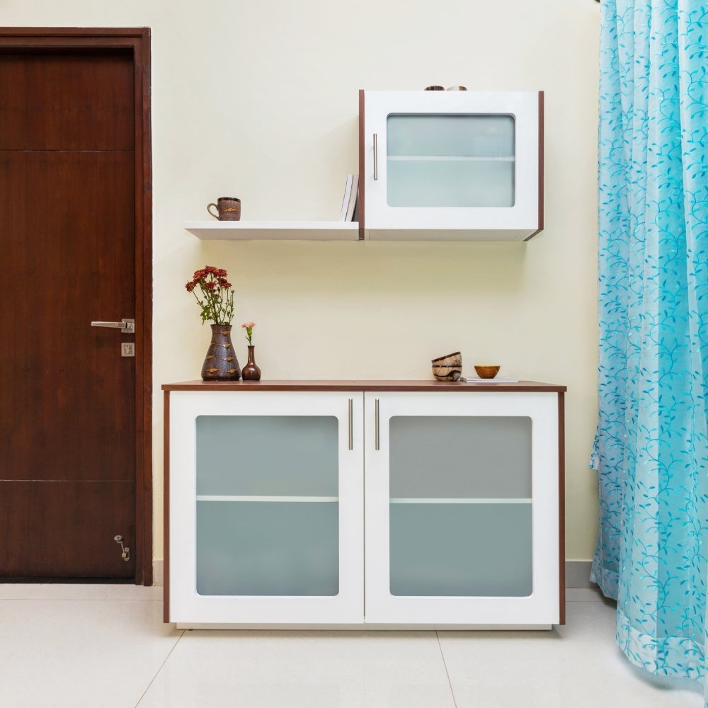 Contemporary Crockery Unit Design in Off White and Amati PD Finish