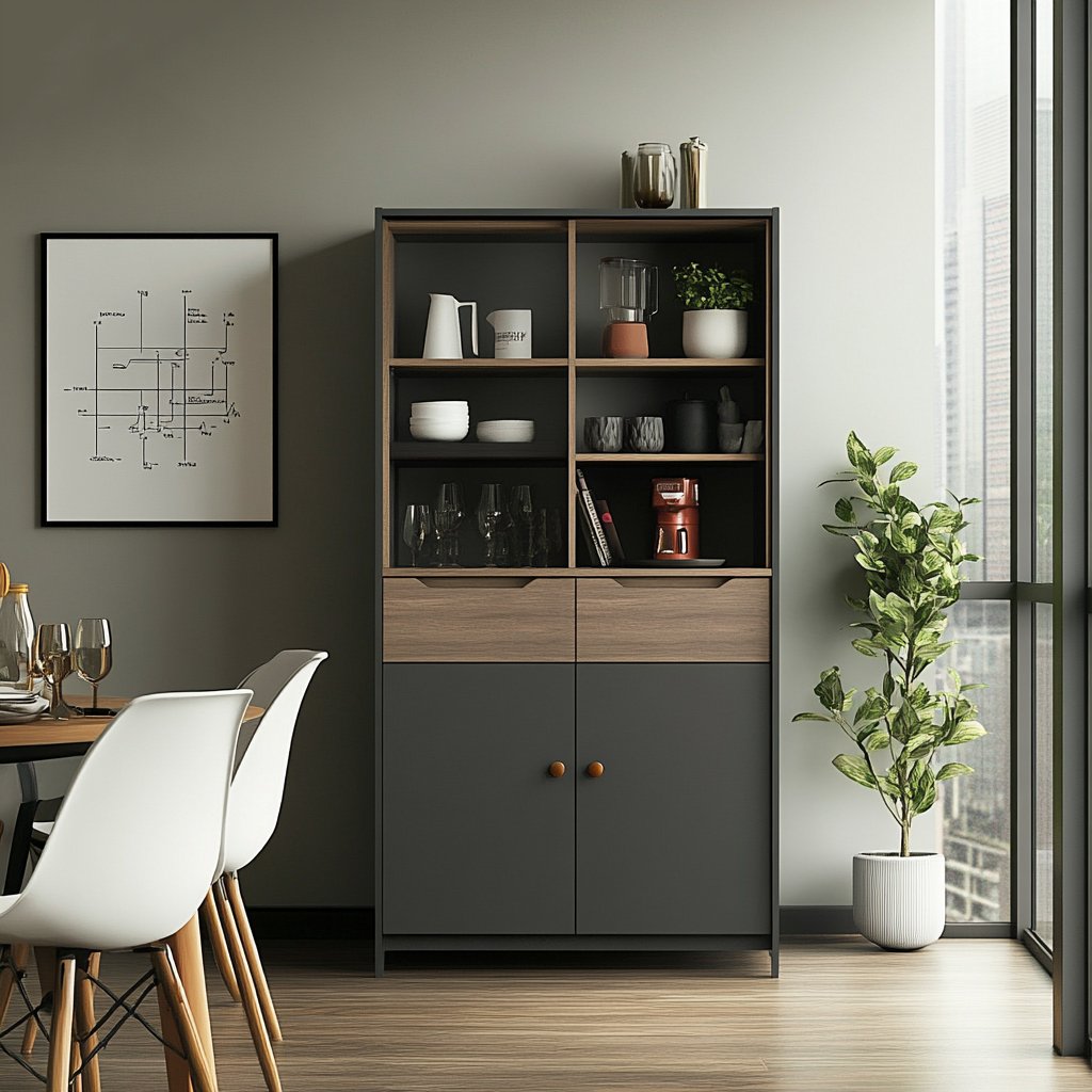 Modern Grey and Wood Crockery Unit Design in Suede Finish