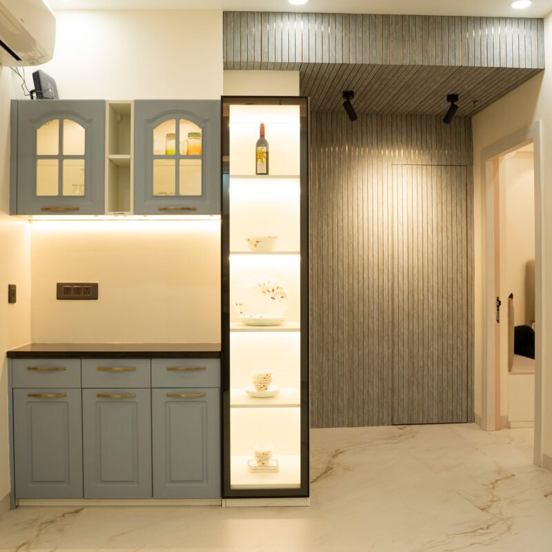 Classic Crockery Unit Design with Suedette and Illuminated Display Shelves