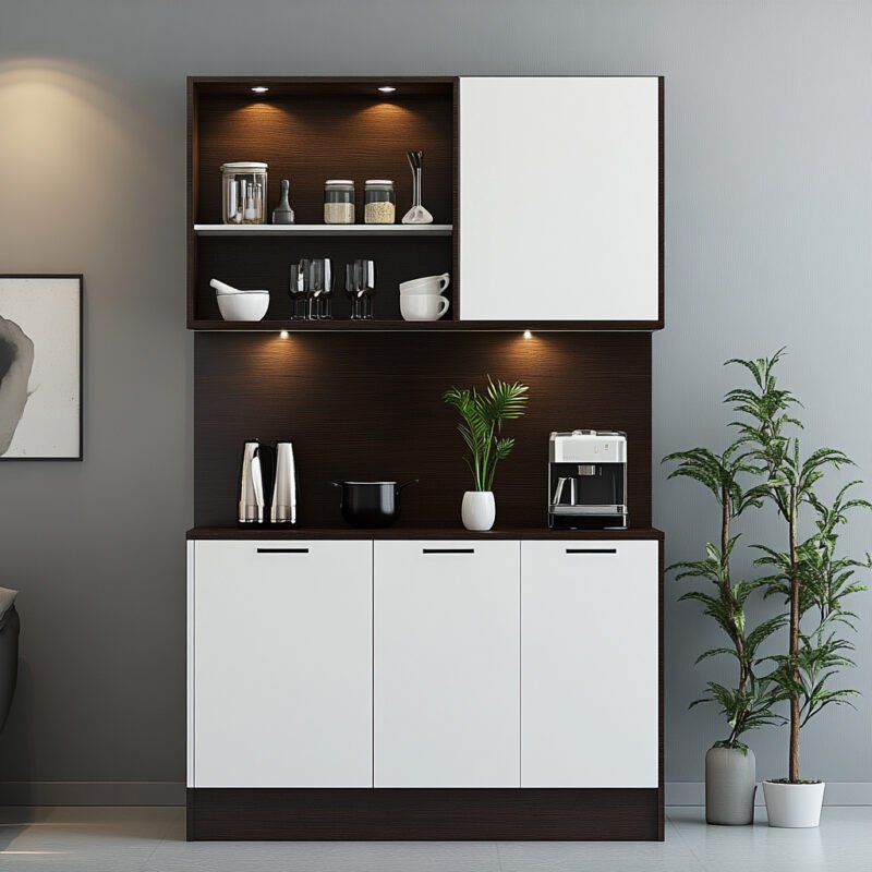 Contemporary Dark Wood Brown and White Crockery Unit Design