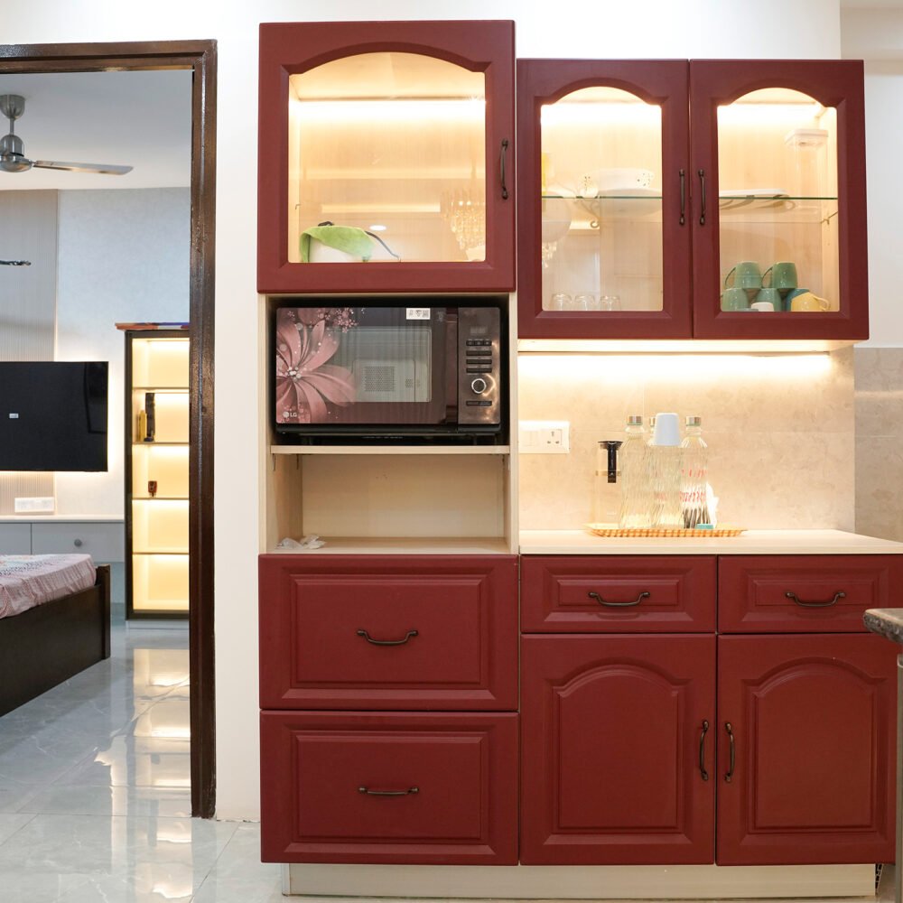 Classic Crockery Unit Design with Matte Finish and Storage Variety
