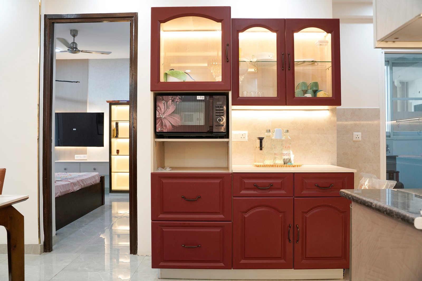 Classic Crockery Unit Design with Matte Finish and Storage Variety