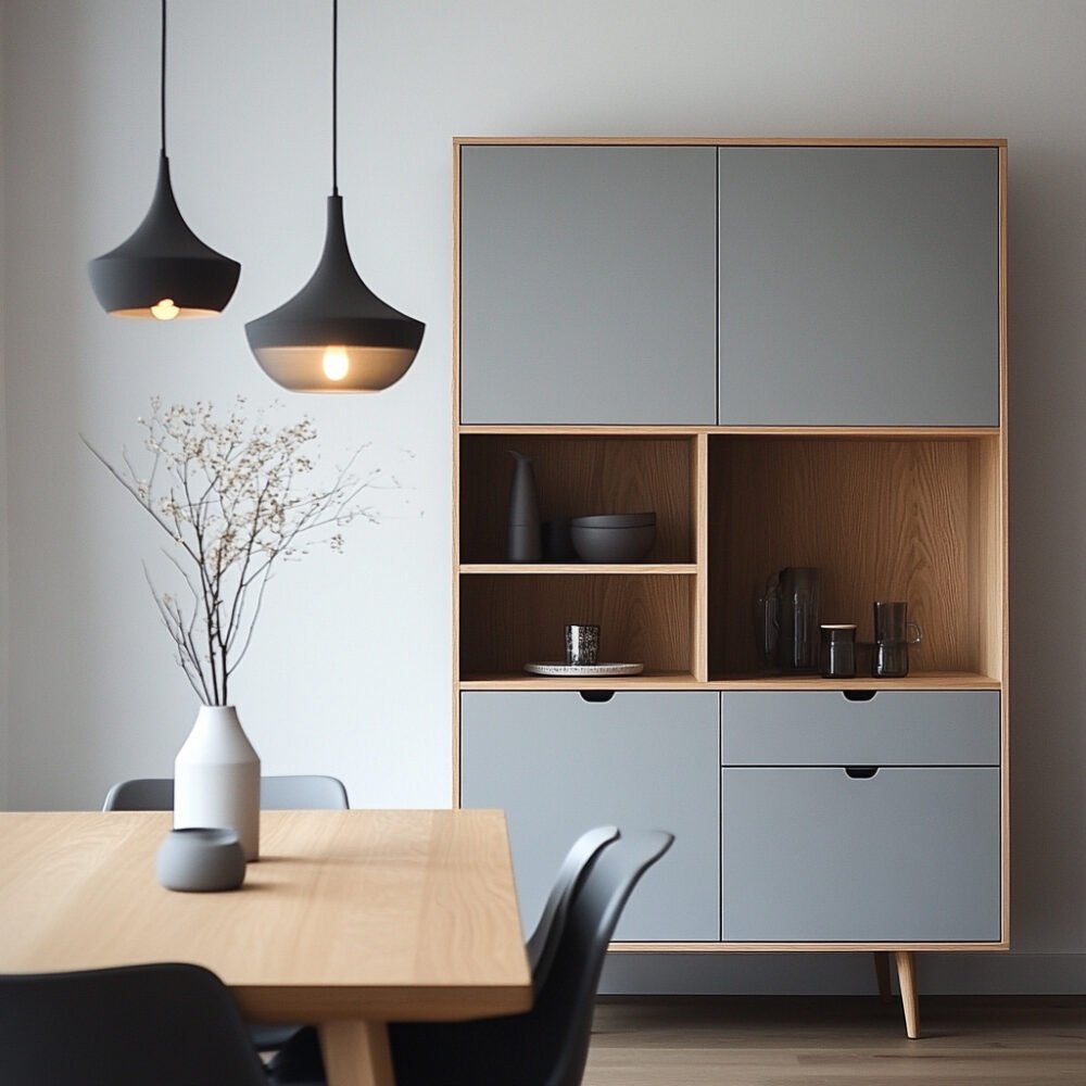 Charcoal Grey and Natural Wood Scandinavian Crockery Unit Design