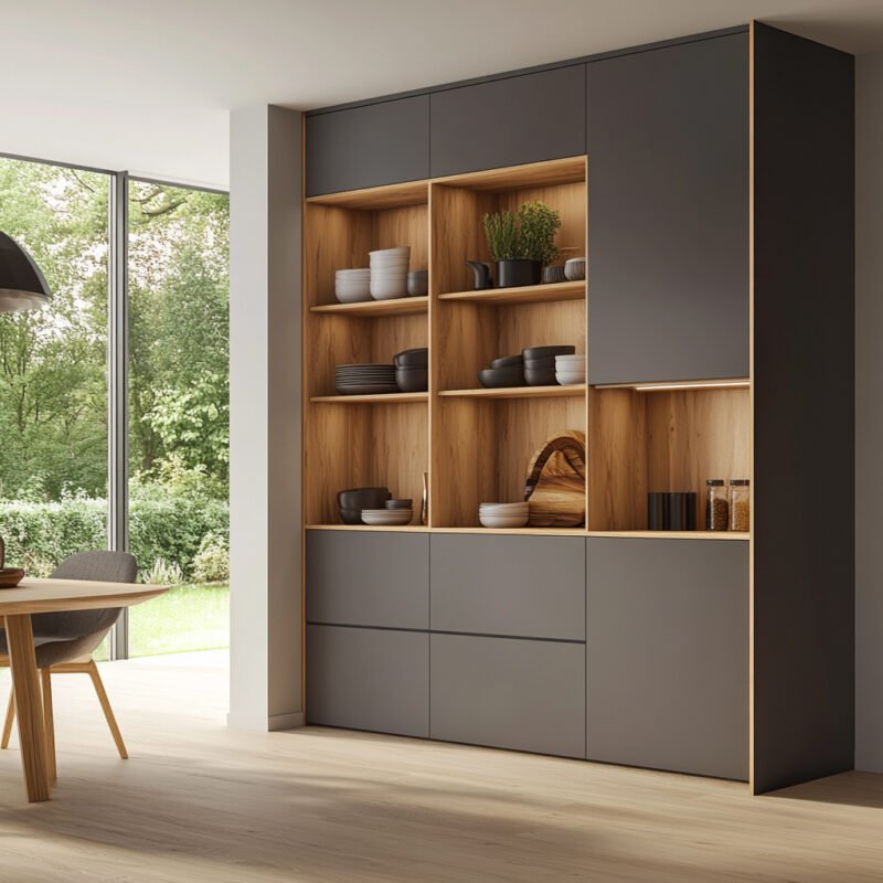 Contemporary Crockery Unit Design with Suede Finish Shutters