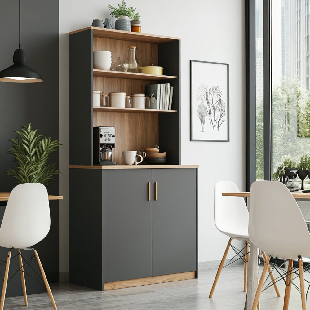 Modern Grey and Wood Crockery Unit Design