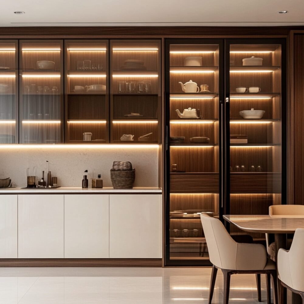 Contemporary White Crockery Unit Design with Glass Front Cabinets