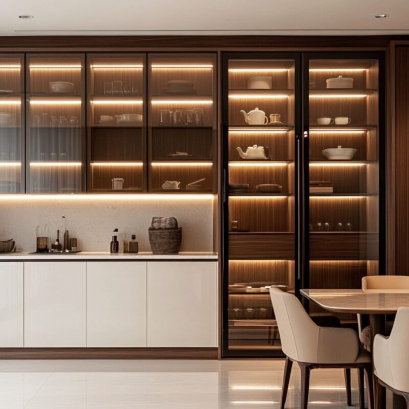 Contemporary White Crockery Unit Design with Glass Front Cabinets