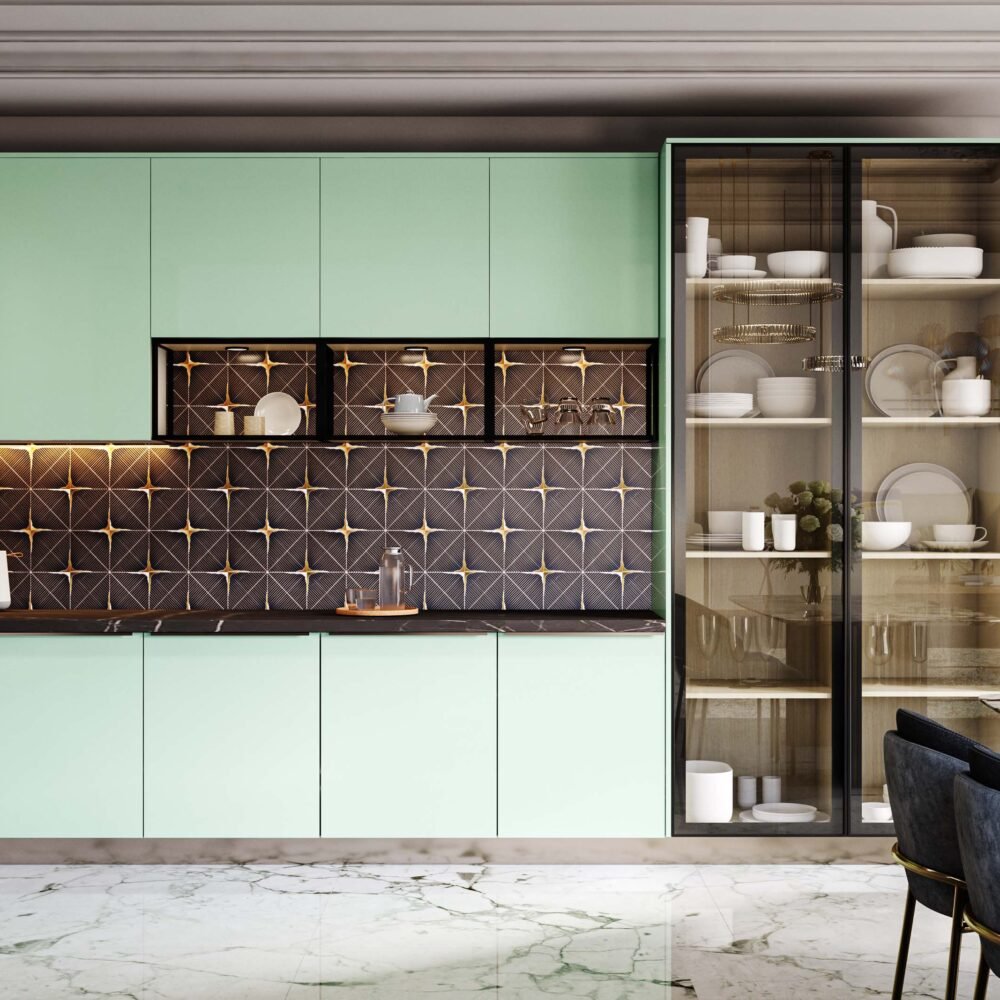 Contemporary Mint-Green Crockery Unit Design with Glass Profile Shutters