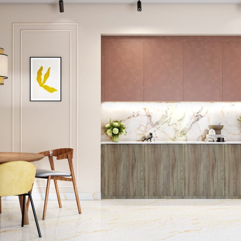 Modern Carruba and Rose Crockery Unit Design with Suede Laminate Finish