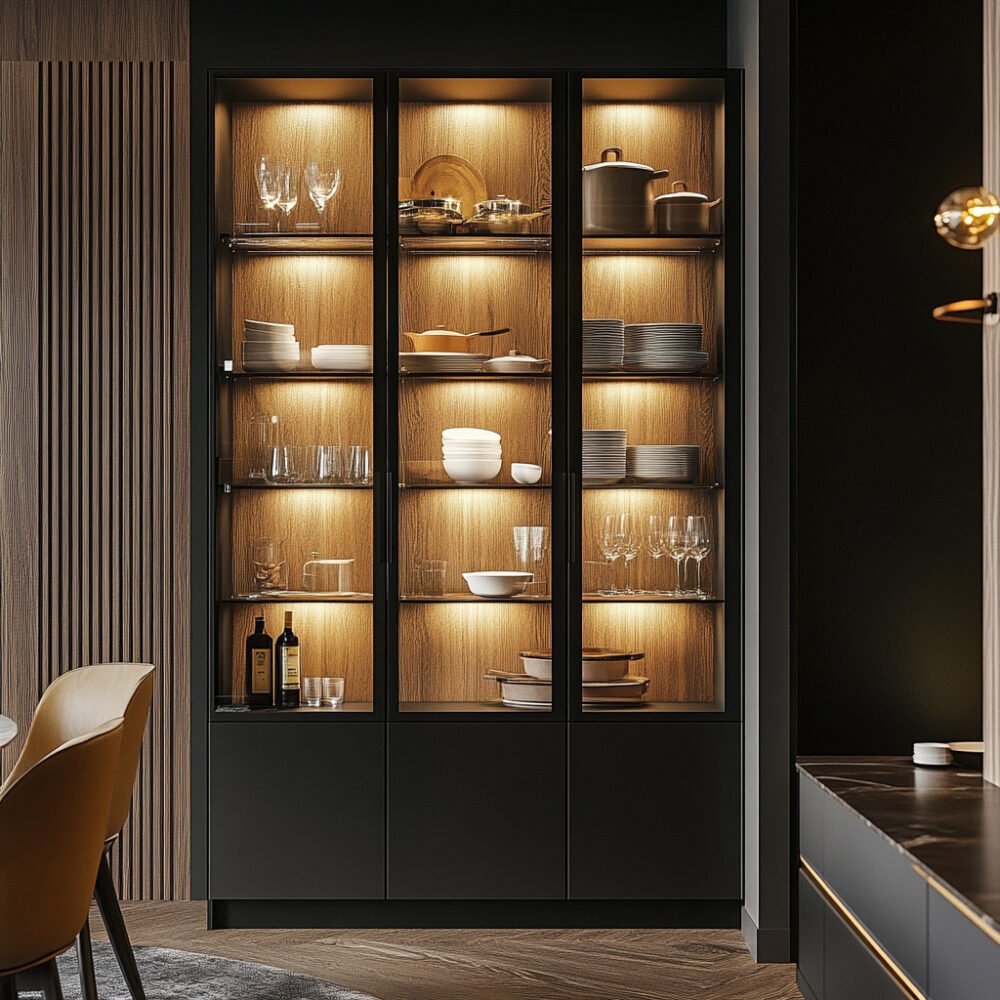 Contemporary Black Crockery Unit Design with Glass Doors and Wooden Shelves
