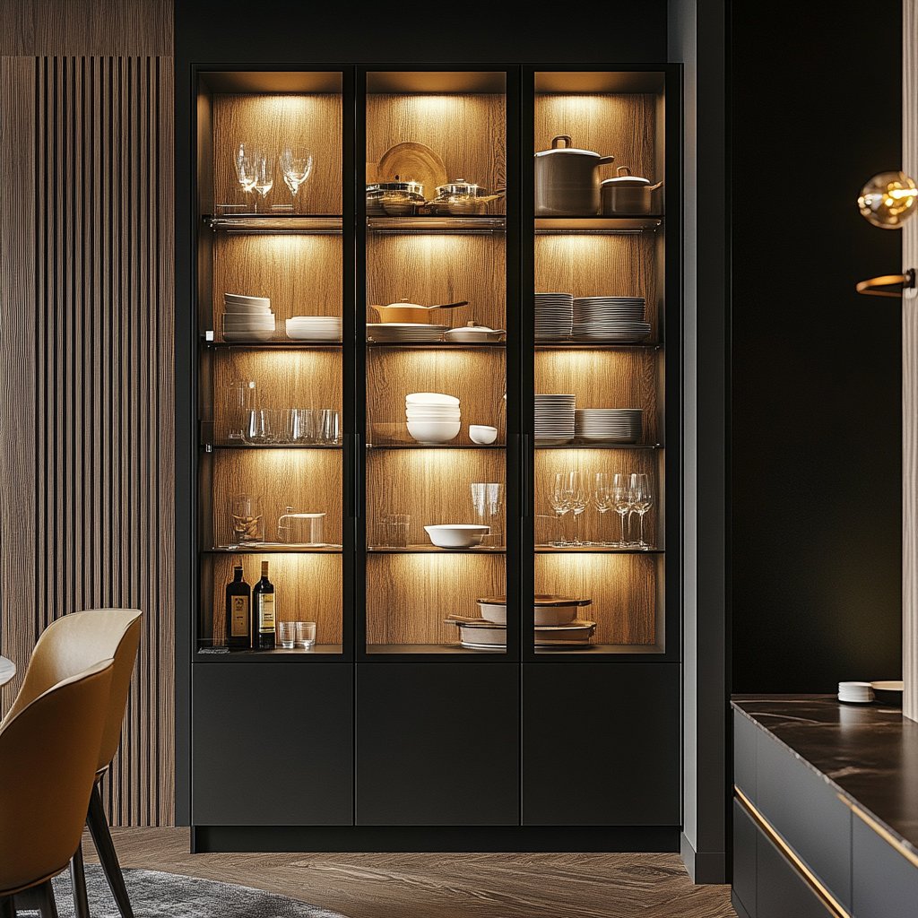 Contemporary Black Crockery Unit Design with Glass Doors and Wooden Shelves