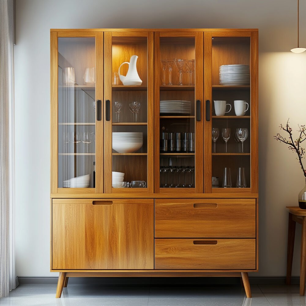 Light Oak Contemporary Crockery Unit Design With Glass and Veneer Finish