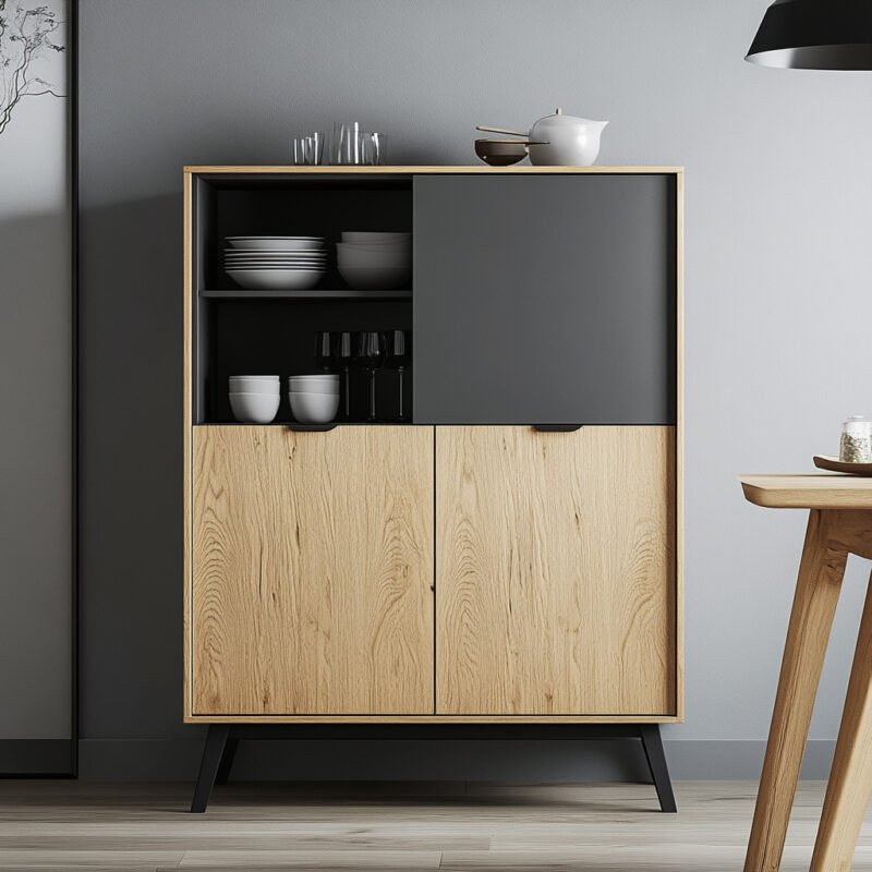 Minimal Crockery Unit Design in Natural Wood and Grey Suede Finish