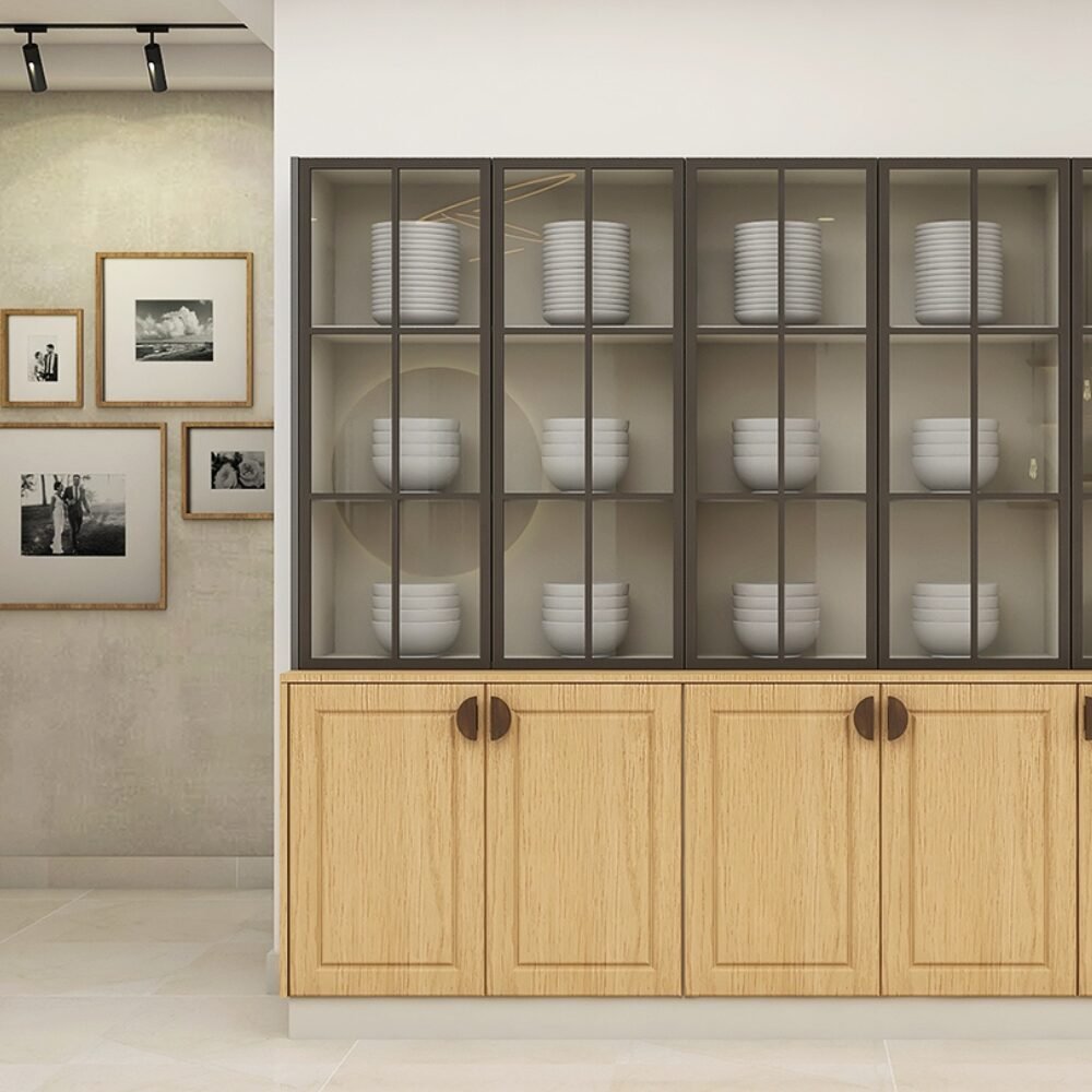 Modern Montana Crockery Unit Design Glass and Wood Storage