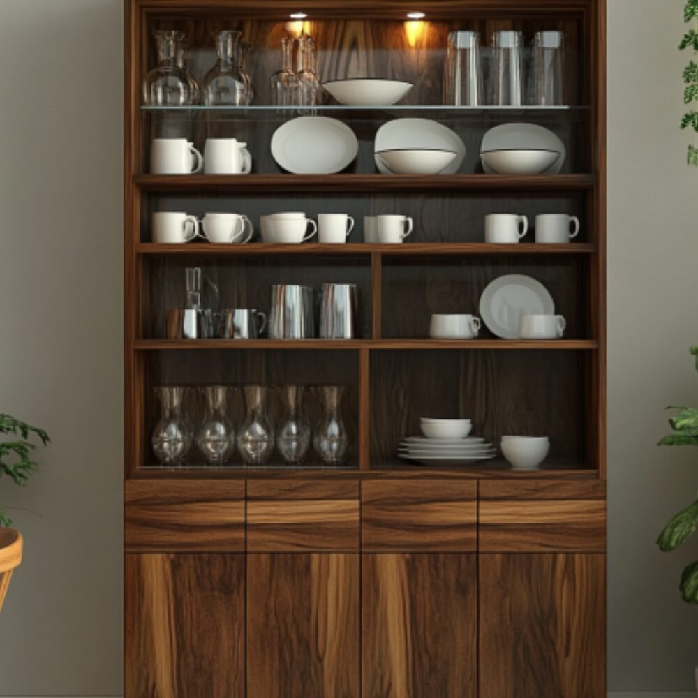 Mid-Century Modern Wooden Crockery Unit Design with Open Shelves