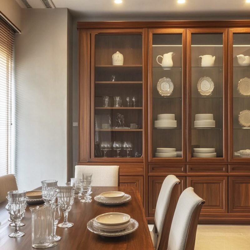 Traditional Walnut Crockery Unit Design with Tall Storage and Drawers